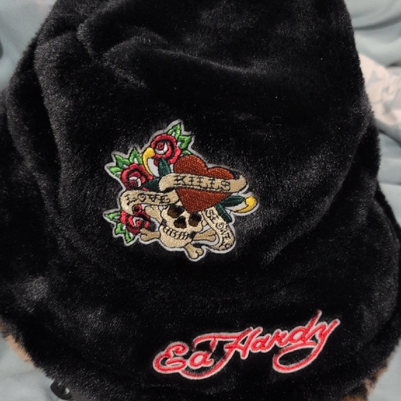 Ed Hardy Accessories - Ed Hardy Black Faux Fur Hat with Skull and Rose Design